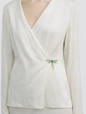 Theory Ivory Hammered Satin Wrap Jacket Blouse Top Long Sleeved Womens Sz P (XS)